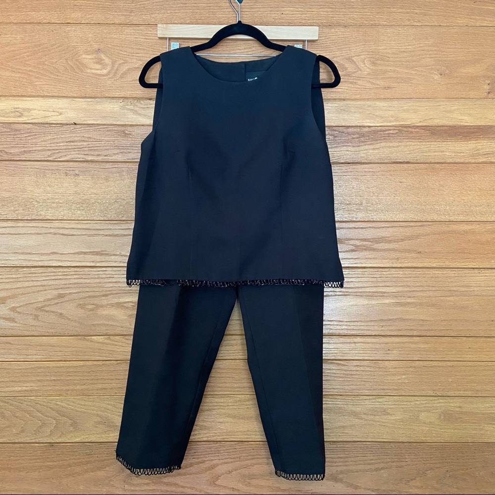 Vintage 2 piece black beaded hem cropped pants and button back tank set